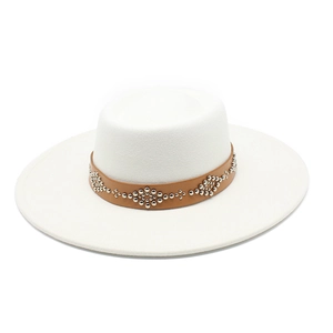 Detailed close-up of white wool fedora with brown leather rivet band and silver studs
