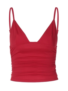 Slim fit red V-neck crop top camisole with pleated texture and adjustable straps