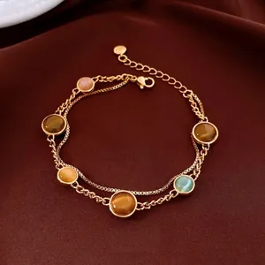 Vintage 18K Gold Plated Bracelet For Women With Cat Eye Stone Zircon Clover Gourd Charms Adjustable Chain Elegant Jewelry