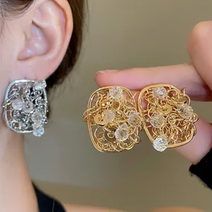 Vintage French Palace Square Hollow Out Stud Earrings Alloy With 925 Sterling Silver Earring Post Crystal Beads Jewelry