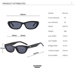 Detailed specs of black cat eye sunglasses with metal star detail and size parameters