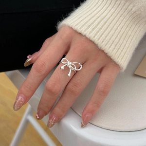 925 Sterling Silver Bow Ring Adjustable Open Design Simple Fashion Jewelry With Hanging Beads For Women