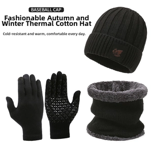 Close-up of knit winter set with faux fur lining and anti-slip touchscreen gloves