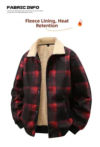 Detailed view of the warm fleece lining on this red and black plaid men jacket