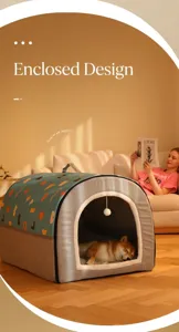Detail of grey semi-enclosed pet house with moon shape and hanging toy ball for cats