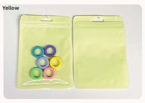 Detail of yellow resealable holographic packaging bag with hanging hole for accessories