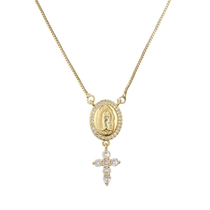 Collana dorata con ciondolo a croce, medaglia Madonna e pietre di zircone lucido