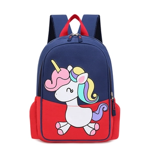 Kids unicorn backpack in blue and red patchwork design for toddlers aged 2-4 years