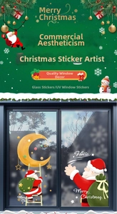 Detail view of Santa Claus on moon static window stickers for festive shop window decor
