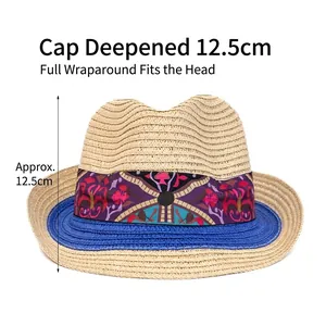 Ethnic summer straw hat for women with 12.5cm depth and colorful embroidered band