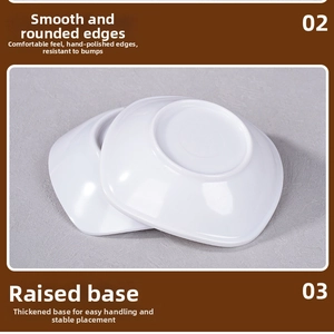 Detail of melamine dipping dish featuring smooth rounded edges and a thick non-slip base