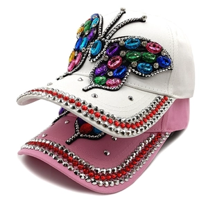 Sparkly butterfly rhinestone baseball caps in white and pink for women outdoor sun protection