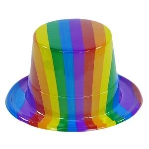 Rainbow striped plastic top hat with glossy finish for festive party and carnival events