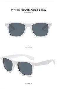 Front and 45-degree angle view of white square frame sunglasses with dark grey lenses