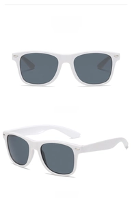Front and 45-degree angle view of white square frame sunglasses with dark grey lenses