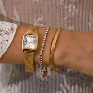 18K gold plated bangle set with Roman numeral watch and zircon tennis bracelet