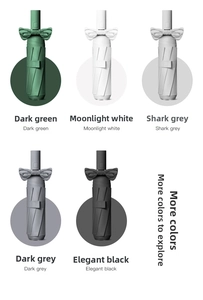 Detail view of five automatic folding umbrellas in assorted modern colors with bow straps