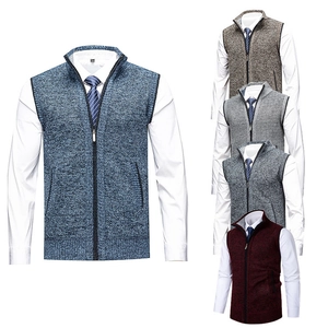 Detail view of men's stand collar zip-up knit vests in five diverse color options