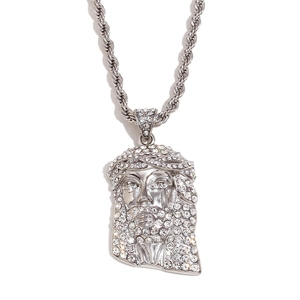 Silver iced out Jesus face pendant necklace with rope chain for men hip hop style