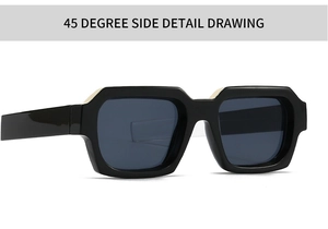 Detailansicht der schmalen Retro-Sonnenbrille in Schwarz mit dunkelgrauen Gläsern