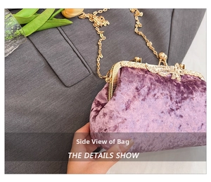 Detail of lavender velvet shell bag with ornate gold metal frame and chain strap