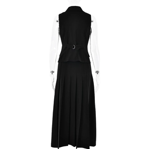 Vue arrière du gilet noir sans manches avec bride réglable et jupe longue plissée