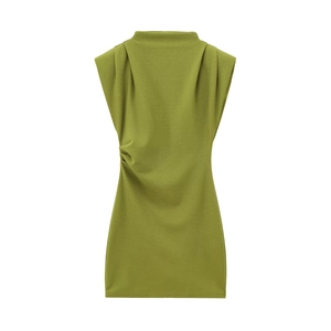 Mock Neck Sleeveless Ruched Bodycon Mini Dress With Shoulder Pads Solid Color Elegant Crepe Polyester Party For Women