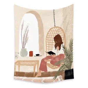 Detail of bohemian tapestry featuring a woman reading on a swing chair with plants