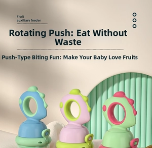 Macro detail of dinosaur-shaped fruit feeders with rotating push mechanism and silicone sacs
