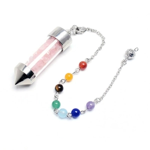 Macro view of pink crystal stone cone pendant with silver chain and chakra beads