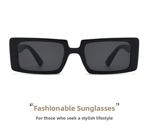 Front view of stylish black square frame sunglasses with wide temples on white background