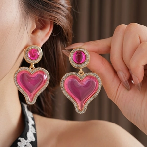 Vintage gold heart earrings with pink stones and sparkling crystals for women