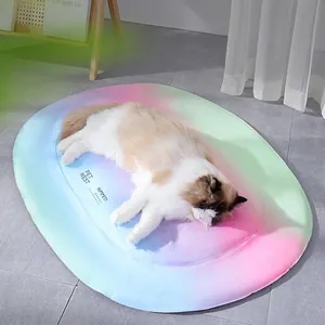 Oval rainbow gradient cooling mat for dogs and cats with breathable summer fabric