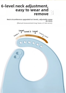Detail of light blue silicone baby bib showing 6-level adjustable neck strap from 20-35cm