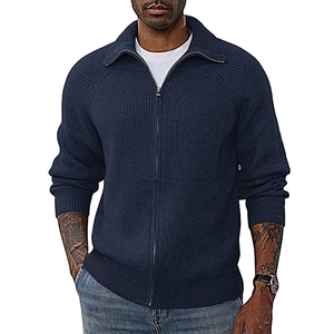 Men's navy blue full-zip knit cardigan with stand collar and ribbed texture fabric