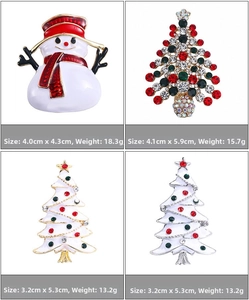 Detailed view of four Christmas tree and snowman brooches with size and weight specs