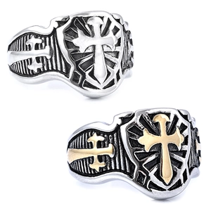Men Retro Gothic Stainless Steel Cross Shield Embossed Ring Nordic Punk Style Jewelry Accessories For Male