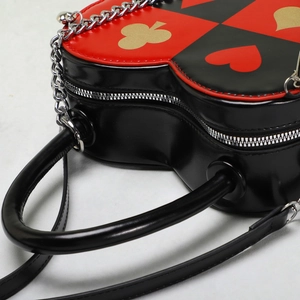 Creative heart-shaped bag with poker pattern print and silver metal chain strap