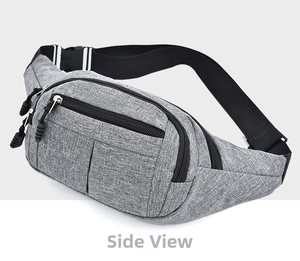 Close-up of waterproof grey fabric waist bag showing multi-layered zipper pockets and buckle