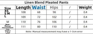 Size chart for linen-blend pleated trousers including length, waist, and hip measurements