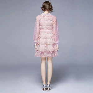 Robe en dentelle rose à manches longues avec jupe à volants et vue arrière détaillée