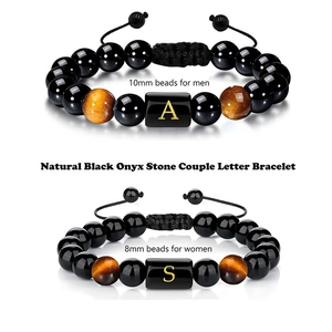 Natural black agate and tiger eye stone beaded bracelets with golden initial letter charms