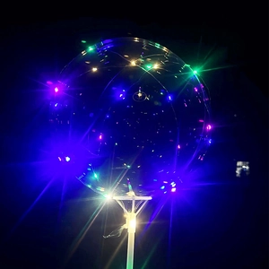 Macro shot of 18-inch clear LED light-up balloon with colorful glowing string on black backdrop