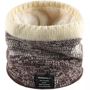 Close-up of double-layer knit neck warmer with brown beige gradient and plush fleece lining