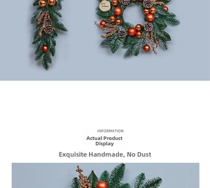 Macro detail of Christmas wreath with pine needles, bronze baubles, and pine cones
