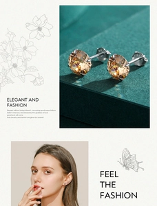 Detailed view of champagne zircon 925 silver stud earrings on model and close-up texture