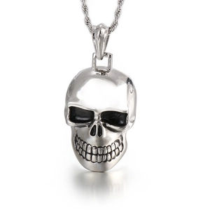 Punk style stainless steel skull pendant necklace with twist chain on white background