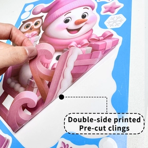 Double-sided Christmas window clings featuring pink snowmen and owls on blue background
