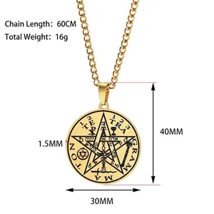 Golden stainless steel pentagram amulet necklace with dimensions 30mm diameter and 60cm chain