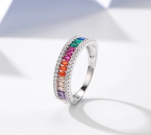 Macro detail of S925 silver ring featuring multi-color marquise-cut gems and 925 stamp